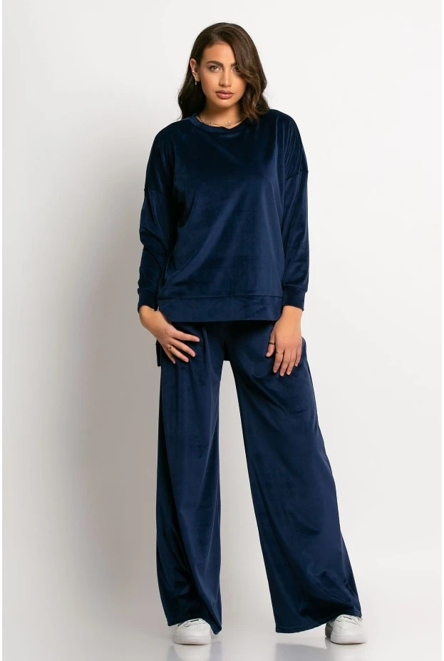 Σετ βελούρ μπλούζα και wide leg παντελόνι night blue