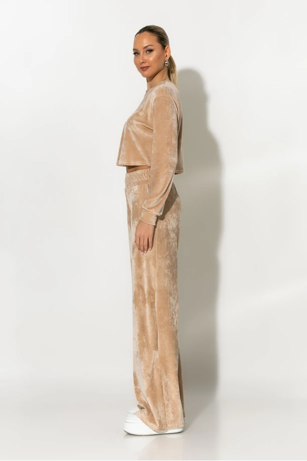 Σετ βελούρ cropped μπλούζα και wide leg παντελόνι vanillia
