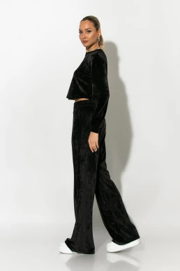 Σετ βελούρ cropped μπλούζα και wide leg παντελόνι μαύρο