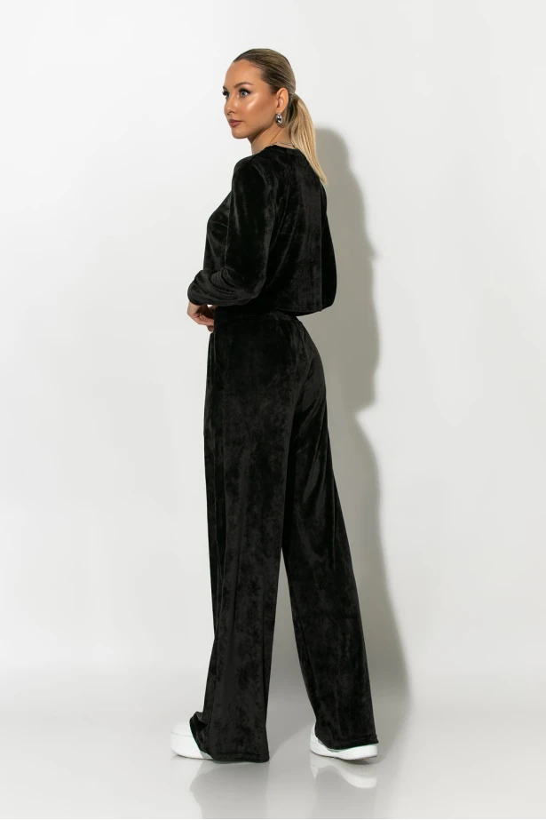 Σετ βελούρ cropped μπλούζα και wide leg παντελόνι μαύρο