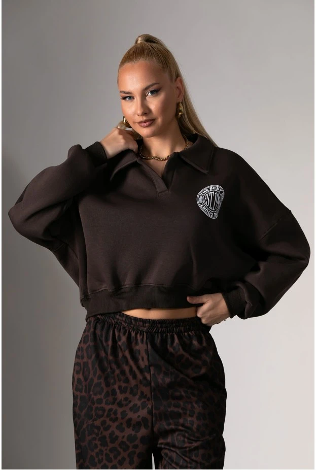 Cropped φούτερ μπλούζα με στάμπα new season καφέ