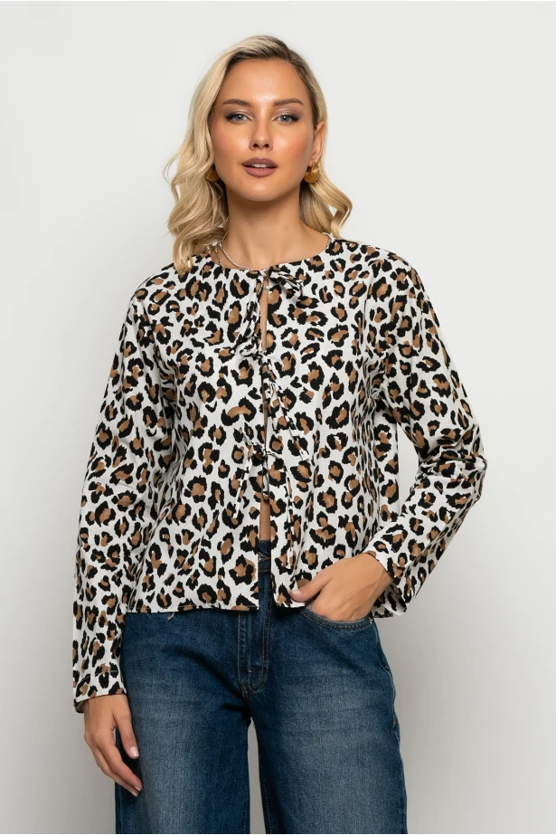 Μπλούζα με δέσιμο μπροστά leopard print λευκό Μπλούζα με δέσιμο μπροστά leopard print λευκό