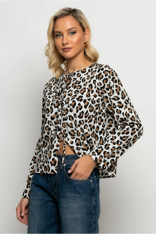 Μπλούζα με δέσιμο μπροστά leopard print λευκό Μπλούζα με δέσιμο μπροστά leopard print λευκό