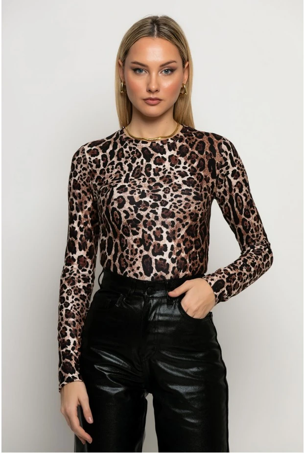 Μπλούζα leopard print με στρογγυλή λαιμόκοψη μπεζ