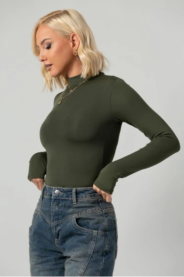 Κορμάκι με ψηλό λαιμό και thumb holes καφέ