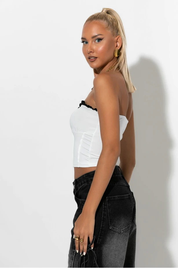 Crop top σε στυλ κορσέ με βολάν λευκό Crop top σε στυλ κορσέ με βολάν λευκό
