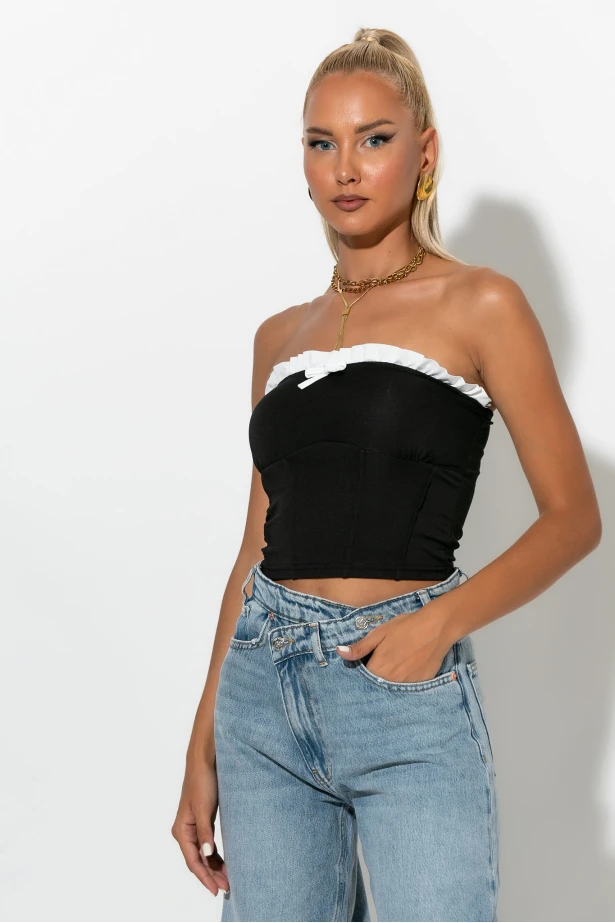 Crop top σε στυλ κορσέ με βολάν μαύρο Crop top σε στυλ κορσέ με βολάν μαύρο