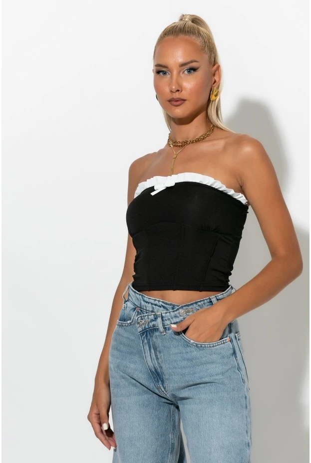 Crop top σε στυλ κορσέ με βολάν μαύρο