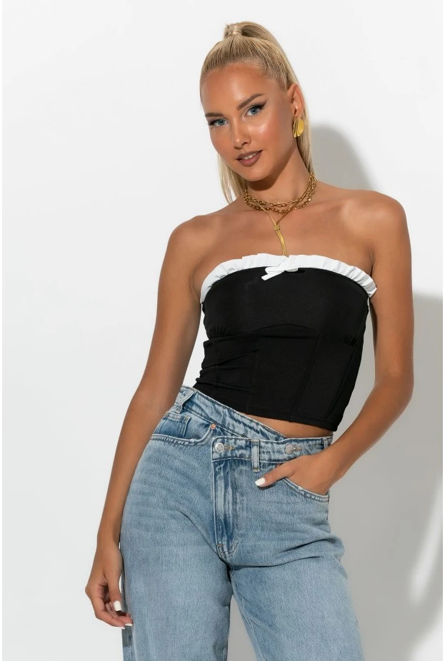 Crop top σε στυλ κορσέ με βολάν μαύρο