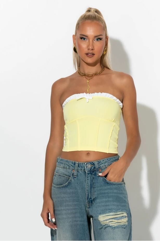Crop top σε στυλ κορσέ με βολάν κίτρινο Crop top σε στυλ κορσέ με βολάν κίτρινο