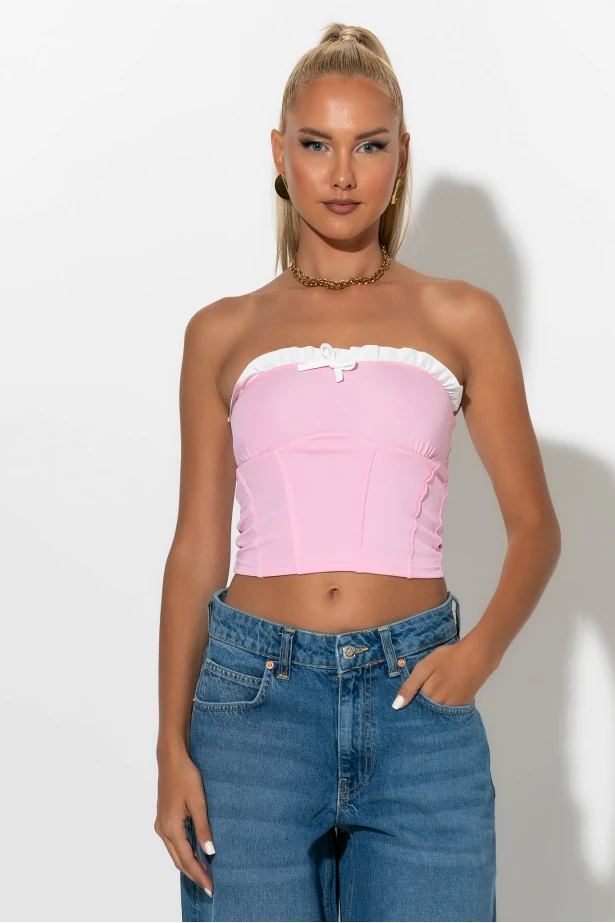 Crop top σε στυλ κορσέ με βολάν ροζ Crop top σε στυλ κορσέ με βολάν ροζ