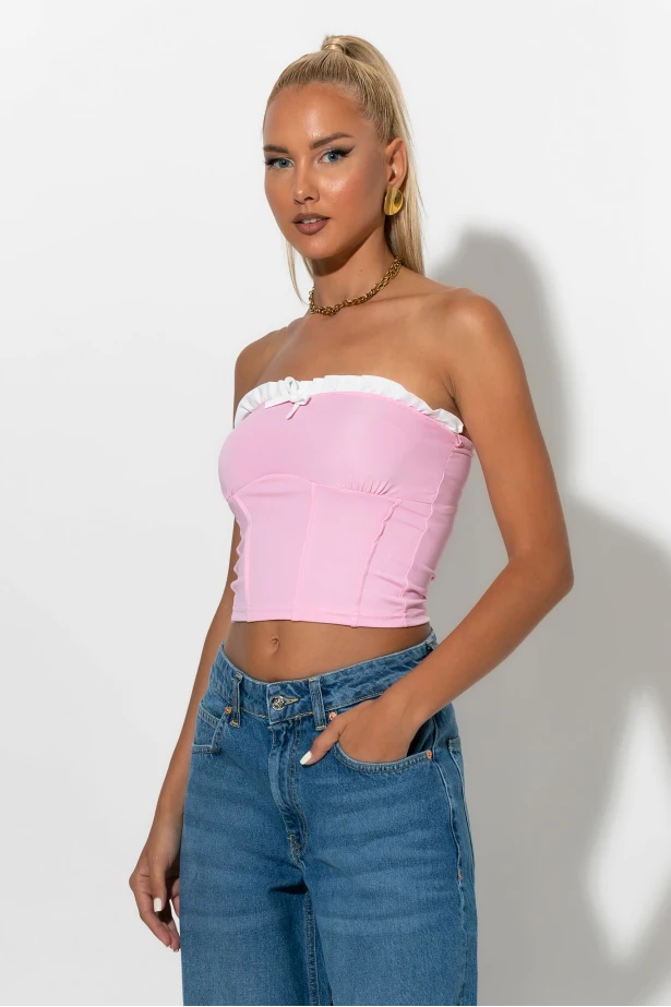 Crop top σε στυλ κορσέ με βολάν ροζ Crop top σε στυλ κορσέ με βολάν ροζ