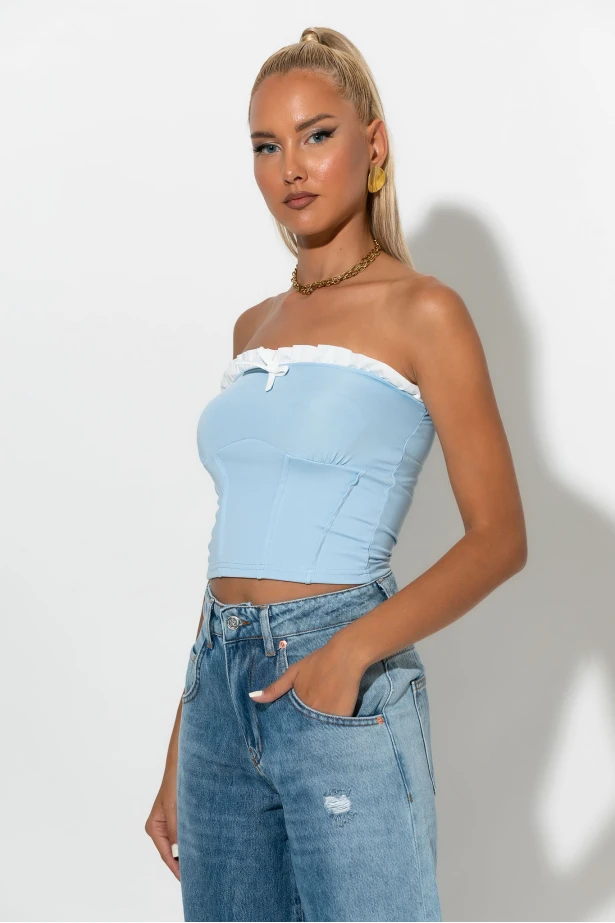 Crop top σε στυλ κορσέ με βολάν σιέλ Crop top σε στυλ κορσέ με βολάν σιέλ