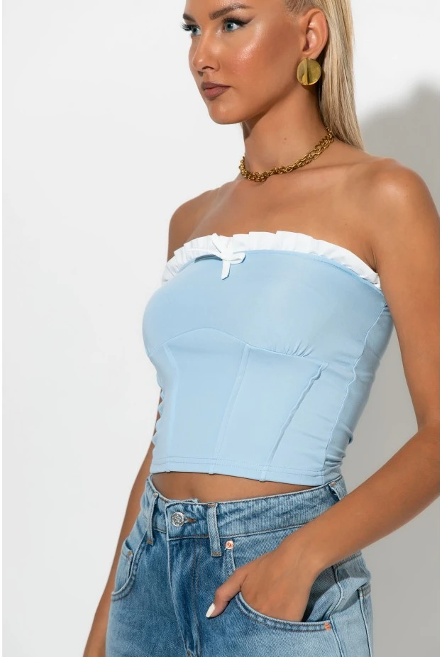Crop top σε στυλ κορσέ με βολάν σιέλ