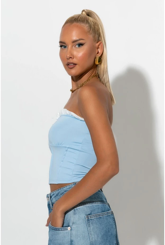 Crop top σε στυλ κορσέ με βολάν σιέλ