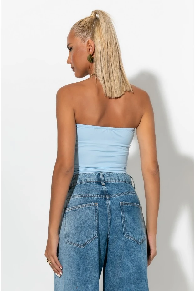 Crop top σε στυλ κορσέ με βολάν σιέλ