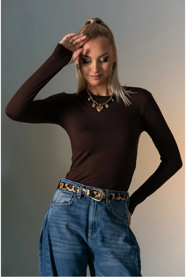 Μπλούζα με στρογγυλή λαιμόκοψη και thumb holes καφέ