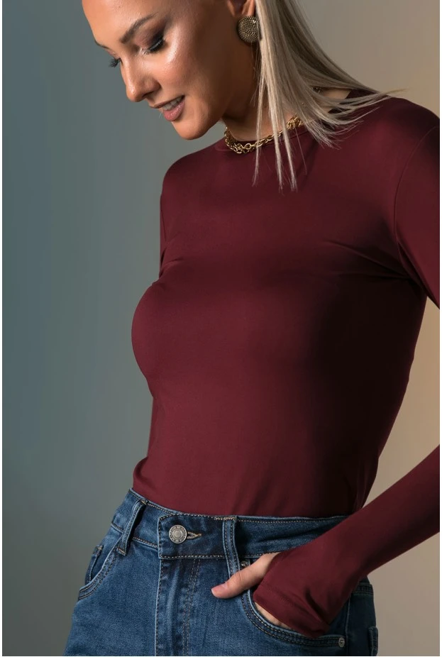 Μπλούζα με στρογγυλή λαιμόκοψη και thumb holes μπορντό