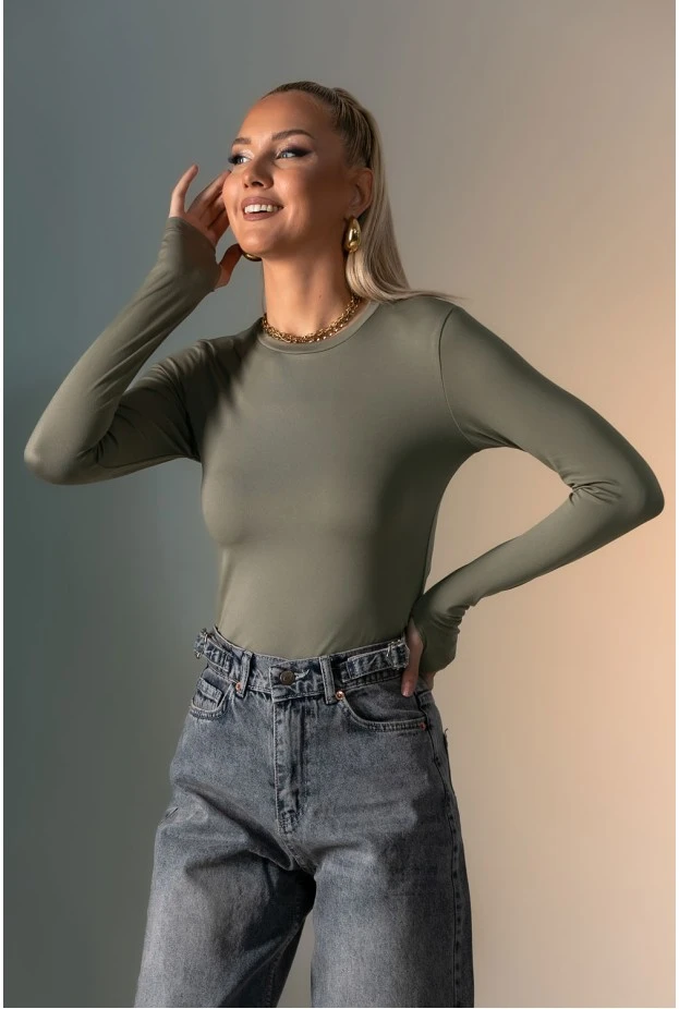 Μπλούζα με στρογγυλή λαιμόκοψη και thumb holes χακί
