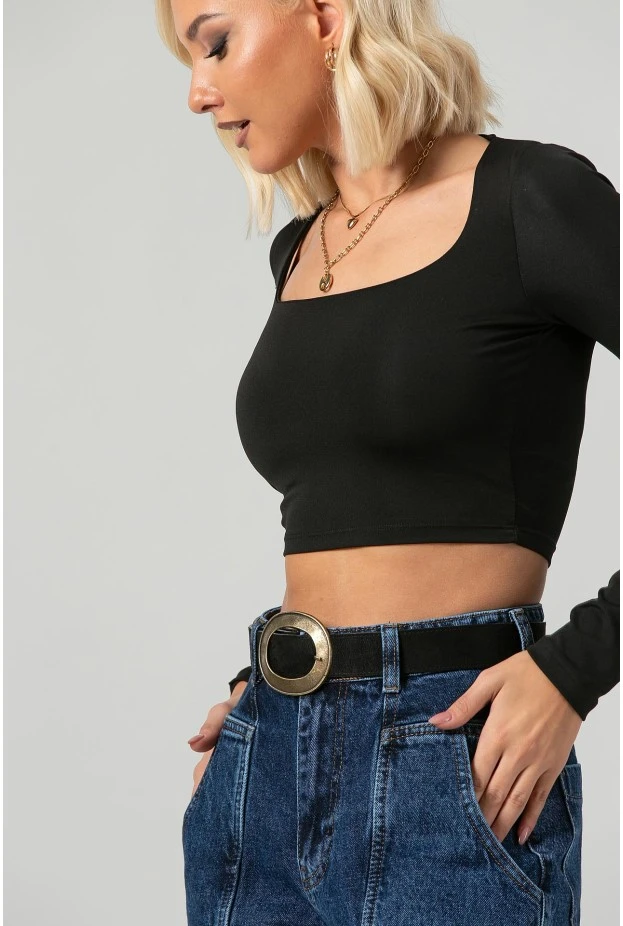 Crop top με τετράγωνη λαιμόκοψη και thumb holes μαύρο