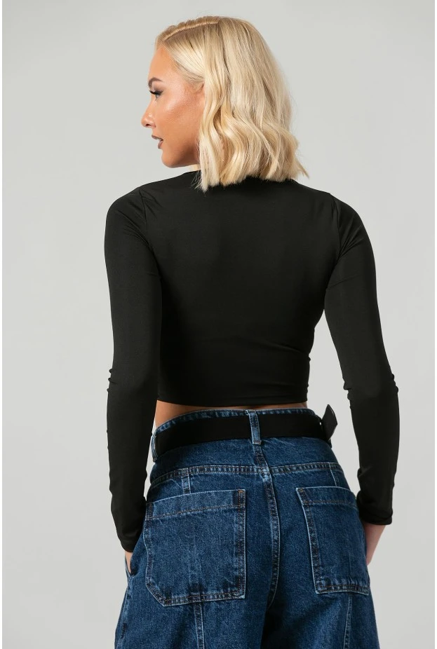 Crop top με τετράγωνη λαιμόκοψη και thumb holes μαύρο