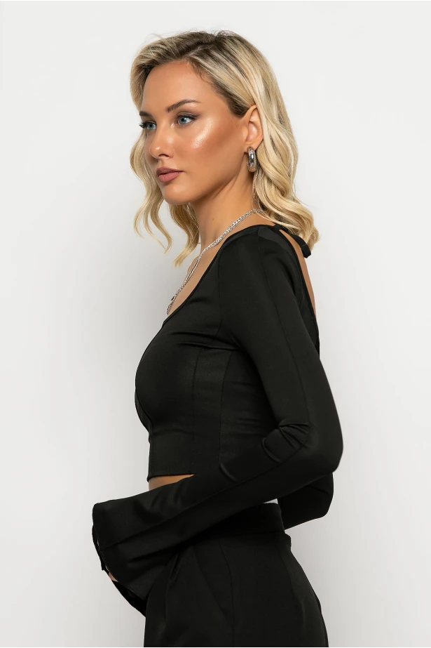 Crop top μακρυμάνικο με άνοιγμα στα μανίκια και δέσιμο στην πλάτη μαύρο Crop top μακρυμάνικο με άνοιγμα στα μανίκια και δέσιμο στην πλάτη μαύρο