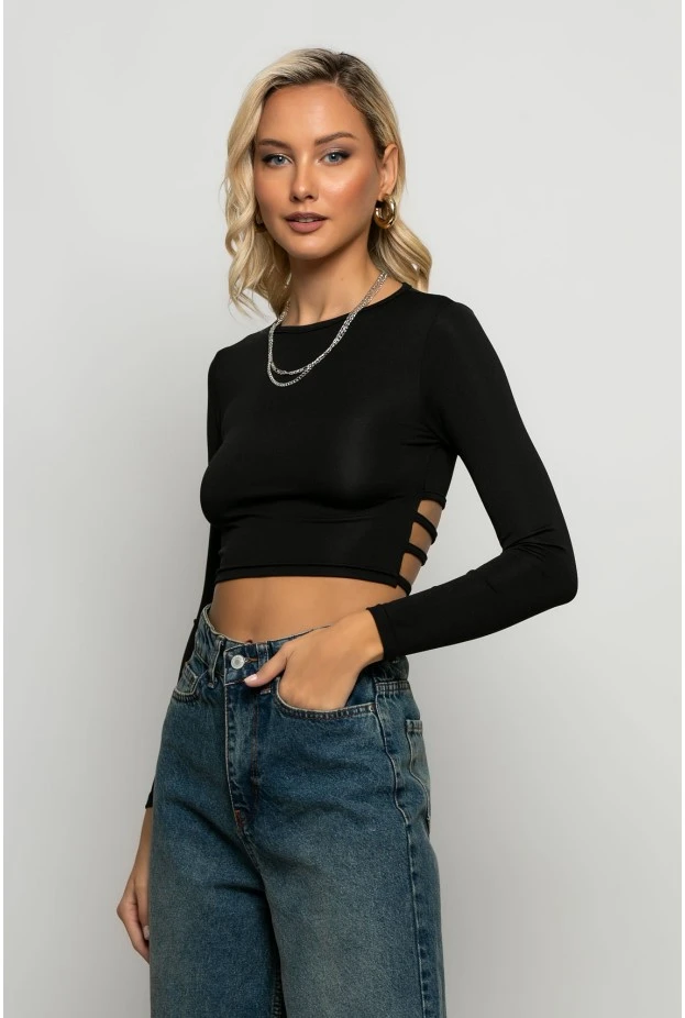 Crop top μακρυμάνικο με ανοίγματα στην πλάτη μαύρο