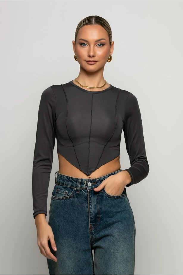 Crop top μακρυμάνικο με μύτες ανθρακί Crop top μακρυμάνικο με μύτες ανθρακί