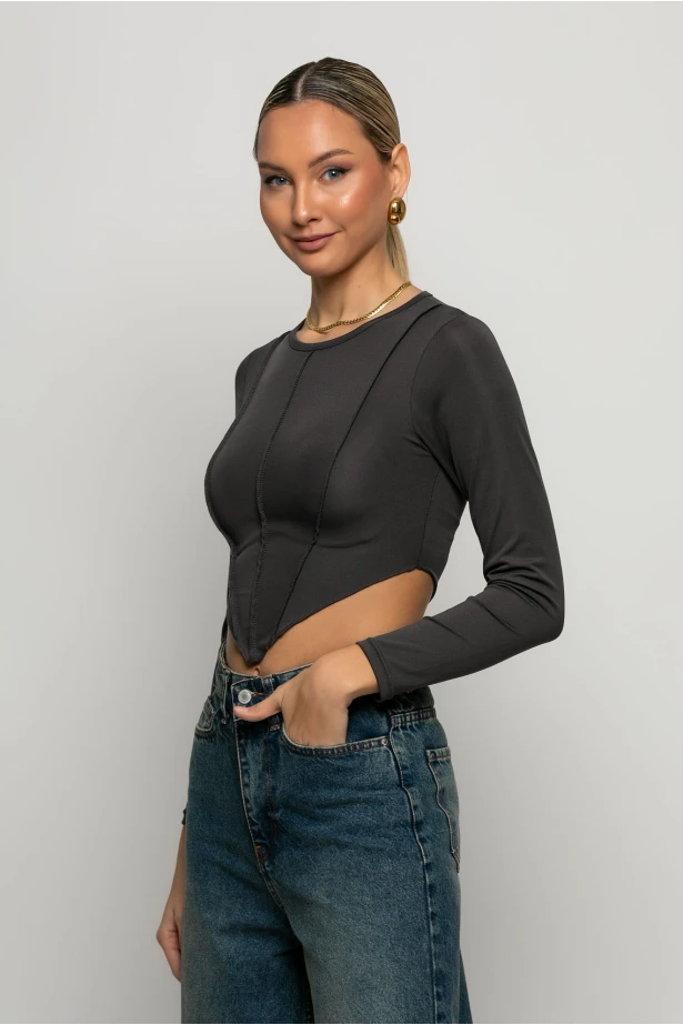 Crop top μακρυμάνικο με μύτες ανθρακί Crop top μακρυμάνικο με μύτες ανθρακί