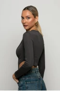 Crop top μακρυμάνικο με μύτες ανθρακί Crop top μακρυμάνικο με μύτες ανθρακί