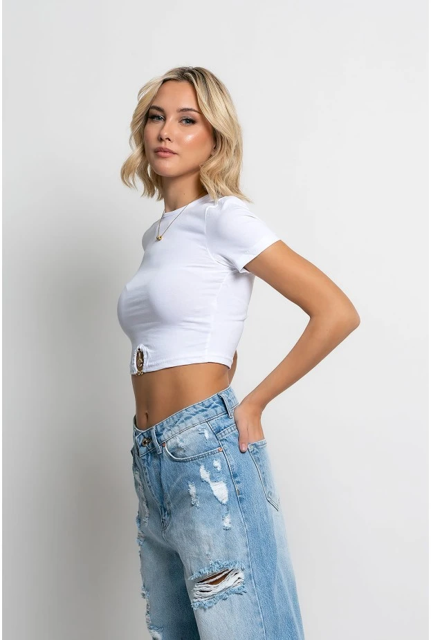 Cropped μπλούζα με χρυσή λεπτομέρεια λευκό