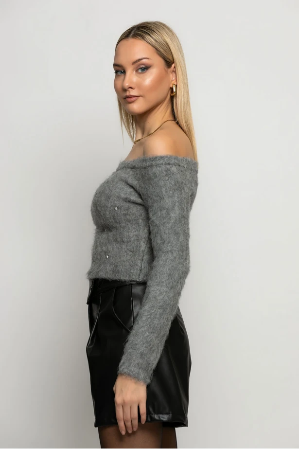 Cropped πλεκτό off shoulder με στρας ανθρακί