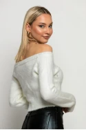 Cropped πλεκτό off shoulder με στρας λευκό