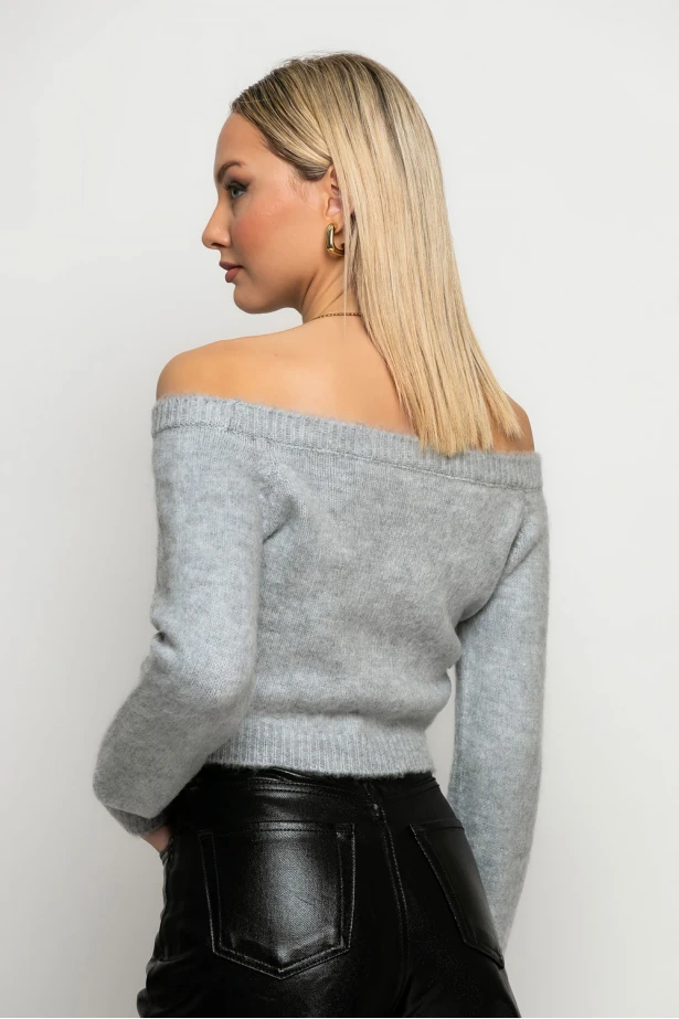 Cropped πλεκτό off shoulder με στρας γκρι