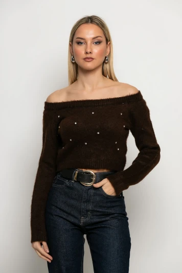 Cropped πλεκτό off shoulder με στρας κόκκινο
