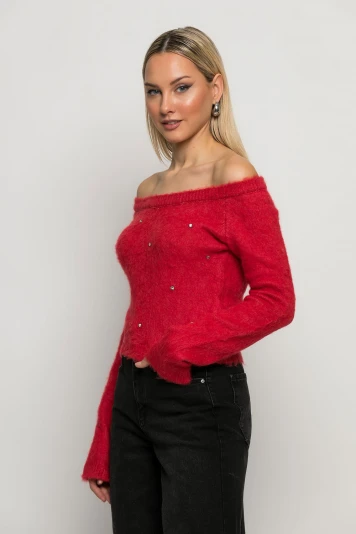 Cropped πλεκτό off shoulder με στρας κόκκινο