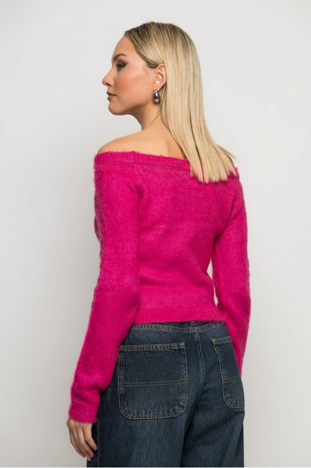 Cropped πλεκτό off shoulder με στρας φούξια