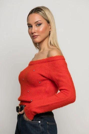 Cropped πλεκτό off shoulder με στρας κόκκινο