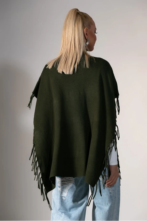 Πόντσο με κρόσια χακί