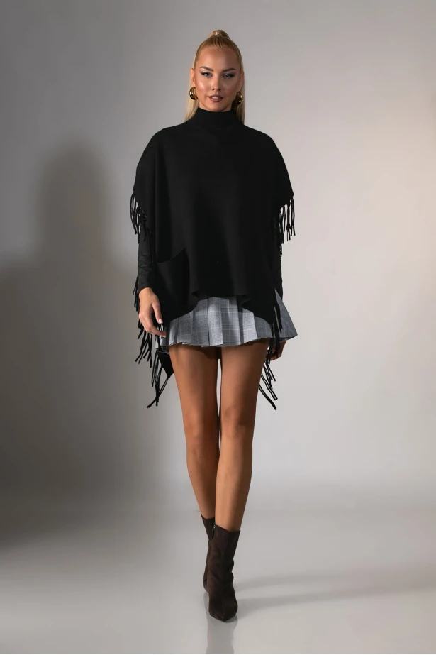 Πόντσο με κρόσια μαύρο