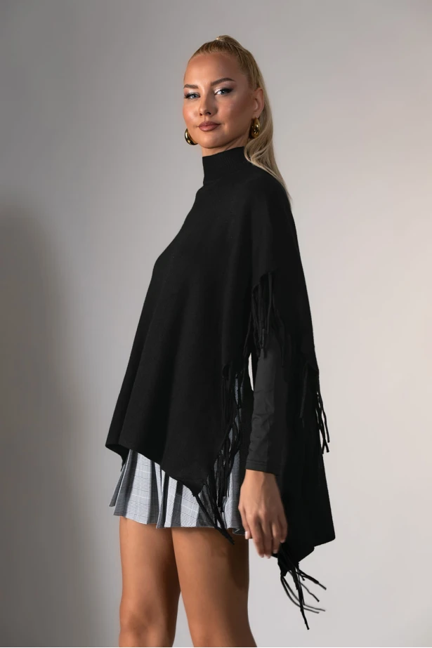 Πόντσο με κρόσια μαύρο