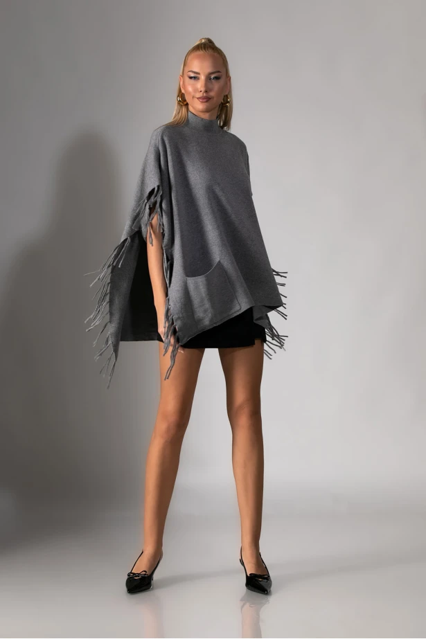 Πόντσο με κρόσια γκρι