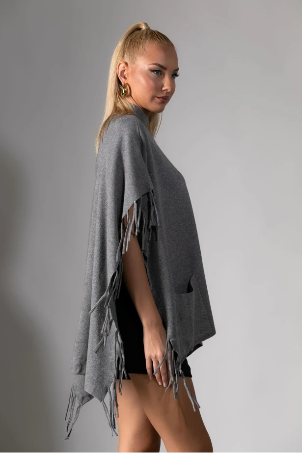 Πόντσο με κρόσια γκρι