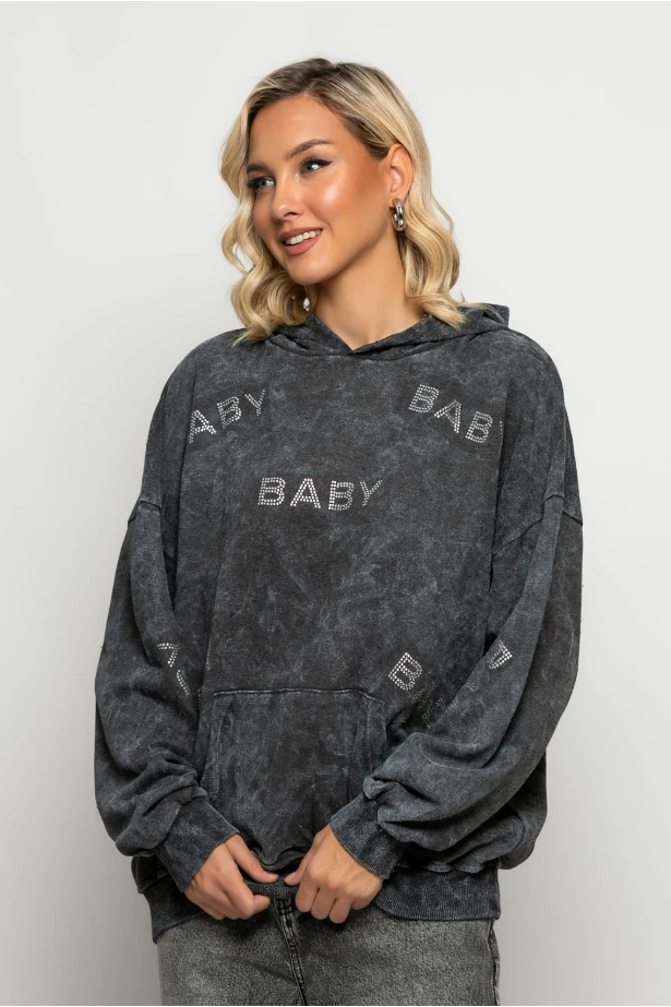 Oversized μπλούζα φούτερ με στάμπα και στρας baby ανθρακι Oversized μπλούζα φούτερ με στάμπα και στρας baby ανθρακι