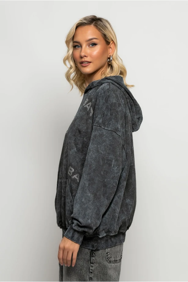 Oversized μπλούζα φούτερ με στάμπα και στρας baby ανθρακι Oversized μπλούζα φούτερ με στάμπα και στρας baby ανθρακι