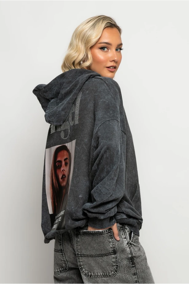 Oversized μπλούζα φούτερ με στάμπα και στρας angel ανθρακί Oversized μπλούζα φούτερ με στάμπα και στρας angel ανθρακί