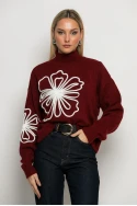 Πλεκτό με ψηλό λαιμό και pach flower μπορντό