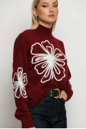 Πλεκτό με ψηλό λαιμό και pach flower μπορντό