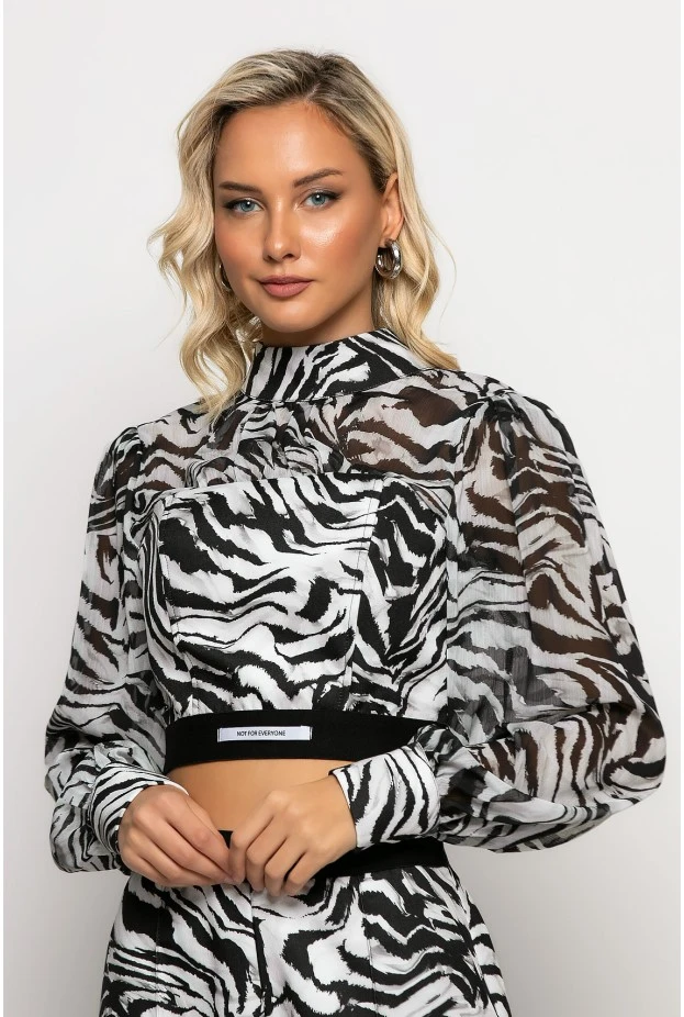 Cropped μπλούζα με λάστιχο στην μέση zebra print μαύρο