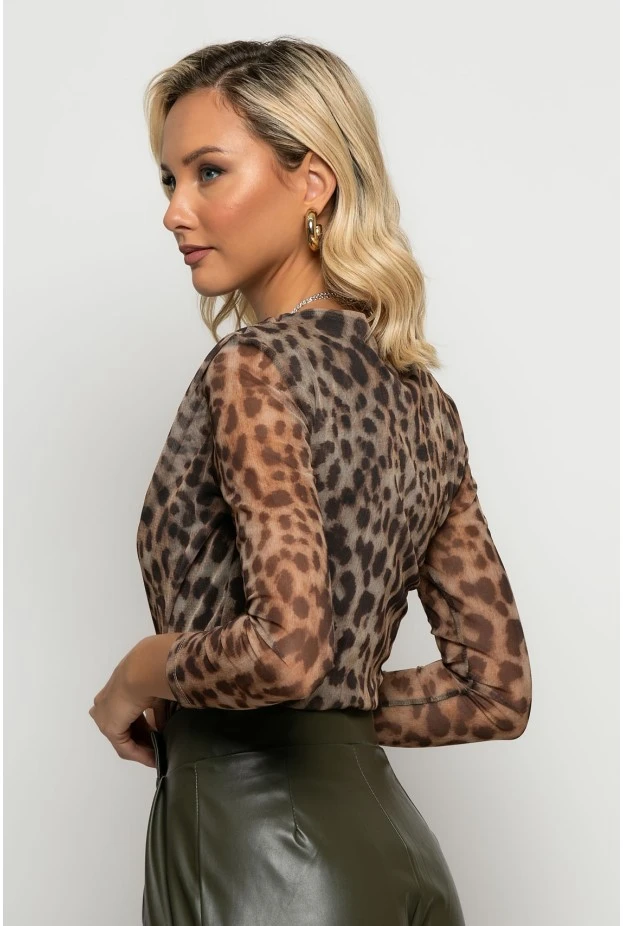 Μπλούζα τούλινη ντραπέ leopard print και επένδυση μπεζ σκούρο